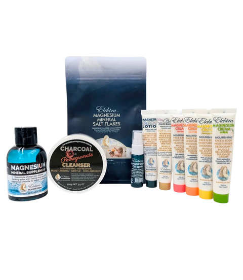 Collection of magnesium skincare and wellness products including bottles, jars, and bags