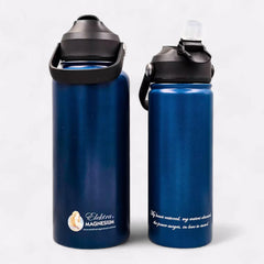 2 sizes of teal blue stainless steel double wall insulated water bottles with black lids and the Elektra Magnesium Logo printed at the bottom