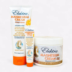A 300g jar, 15g tubes and 150g white and orange tube of Elektra Magnesium Zest Citrus Cream